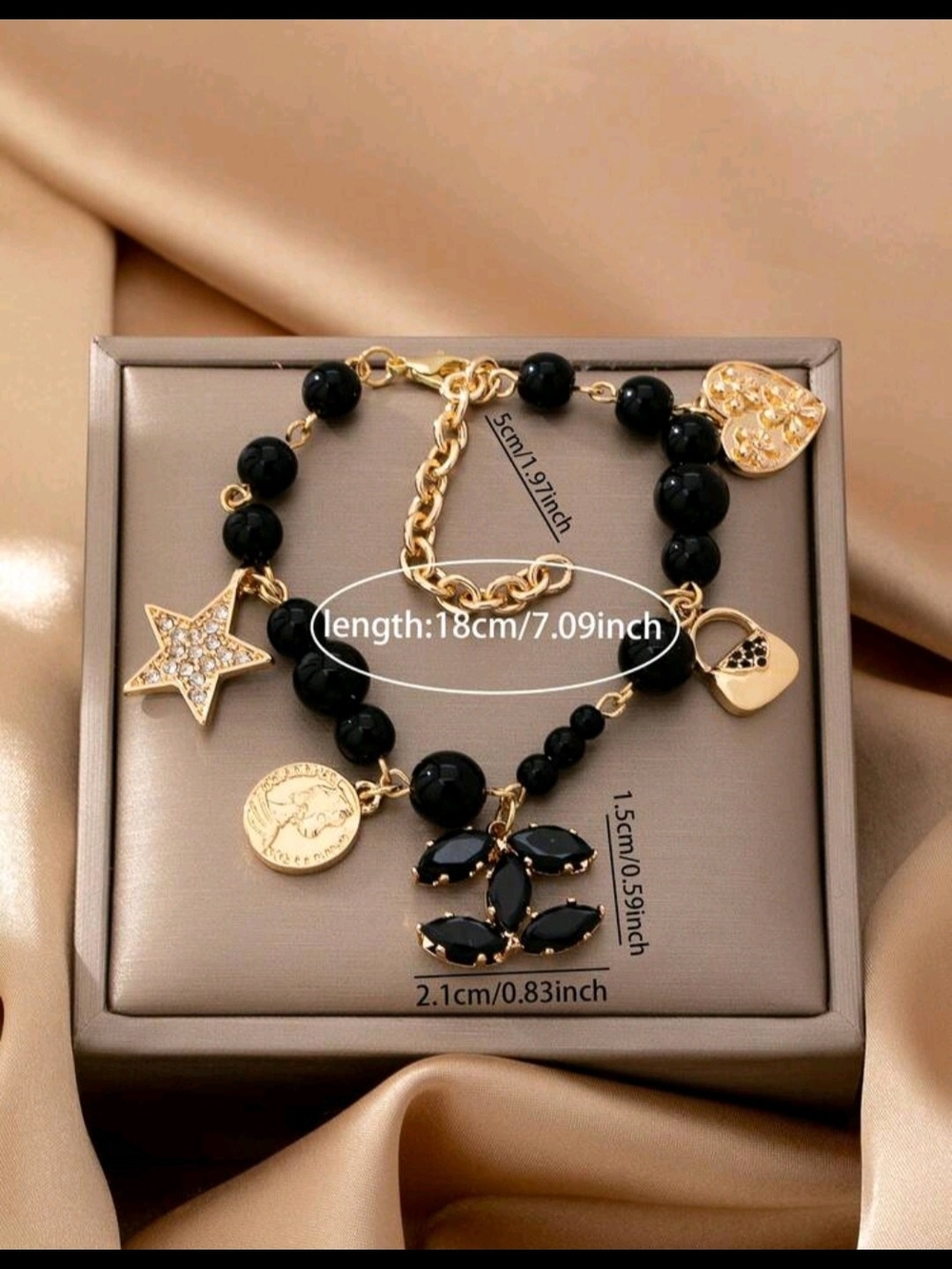 Fashion nspired Black Crystal Stud Earrings and Charm Bracelet Set - Picture 9 of 12